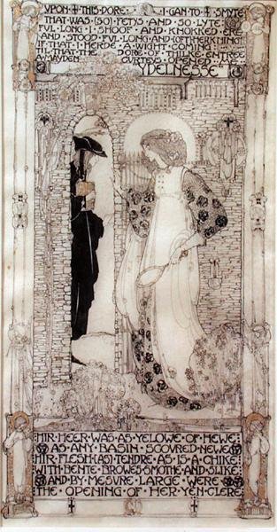闲散，选自乔叟（约 1342-1400 年）的《玫瑰的罗曼蒂克》（牛皮纸上的墨水和金色颜料） 作者 杰西·马里恩·金