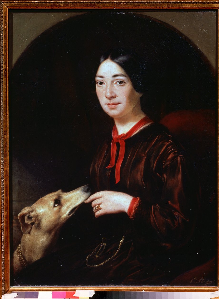 "歌手兼作曲家宝琳-维阿多（Pauline Viardot，1821-1910 年）肖像"。尤金-普鲁夏（1809-1880 年）的画作，约 1853 年 莫斯科特罗皮宁博物馆 作者 叶夫根尼·亚历山德罗维奇·普卢查特