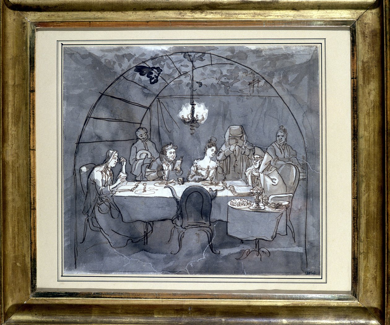 摩西-乌尔曼家族在卡舍餐厅举办的 "卡巴内节"。纸上绘画，1831年钢笔水洗，35.5 x 31.3厘米。(JM 189) 瑞士巴塞尔犹太博物馆。 作者 犹太学校