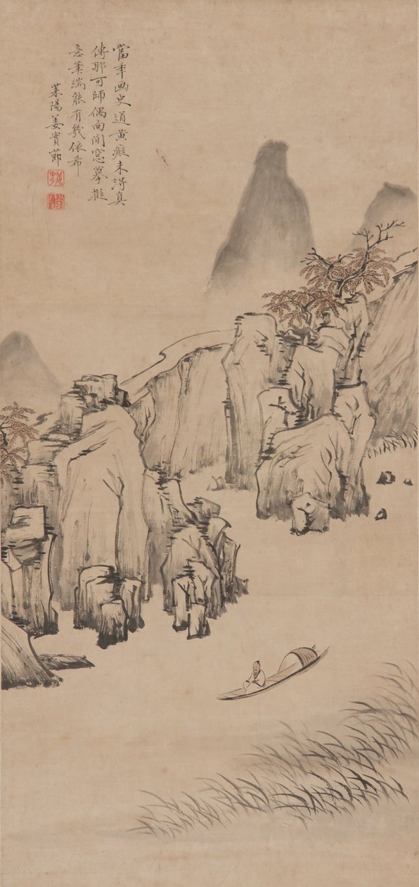 河流景观与男子在一艘船，清朝，17世纪末至18世纪初（纸上的墨水和颜色） 作者 蒋士杰