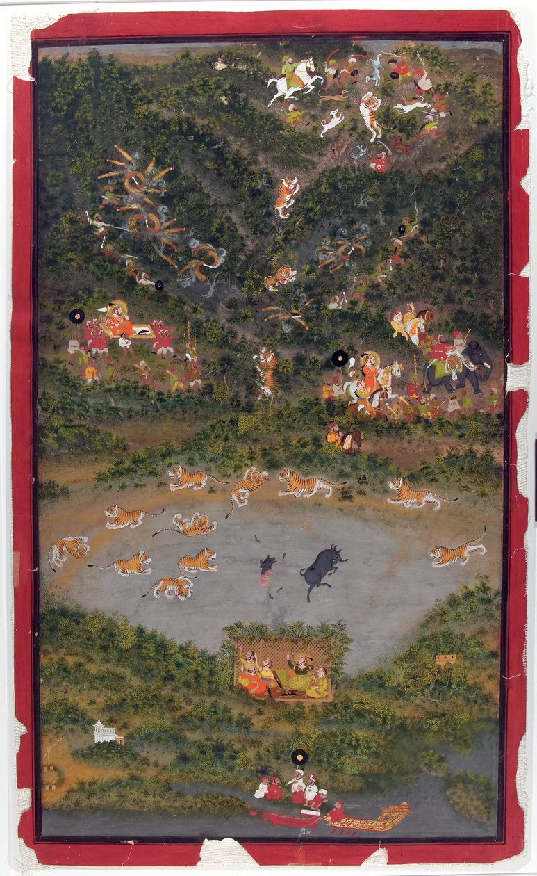 Maharana Jagat Singh II猎虎，1749年（不透明的wc和黄金在纸上） 作者 吉瓦