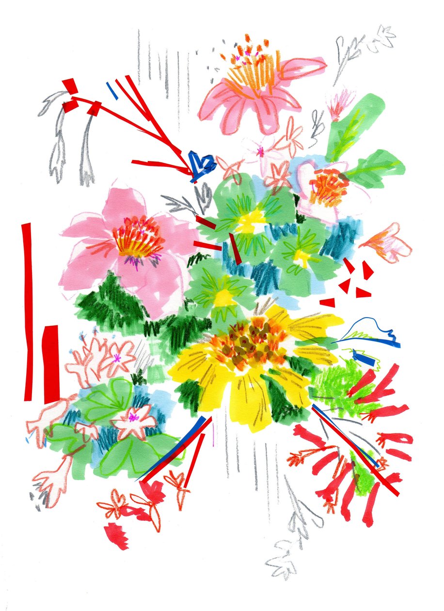 花卉素描2,2014（钢笔和墨水，纸上拼贴） 作者 乔·钱伯斯