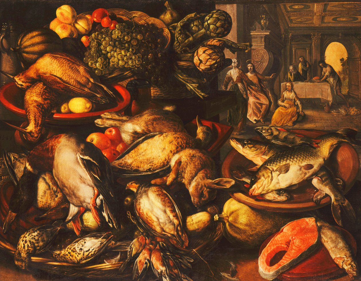 猎物，鱼，水果和蔬菜放在篮子里的碗里，1569年 作者 约阿希姆·伯克勒