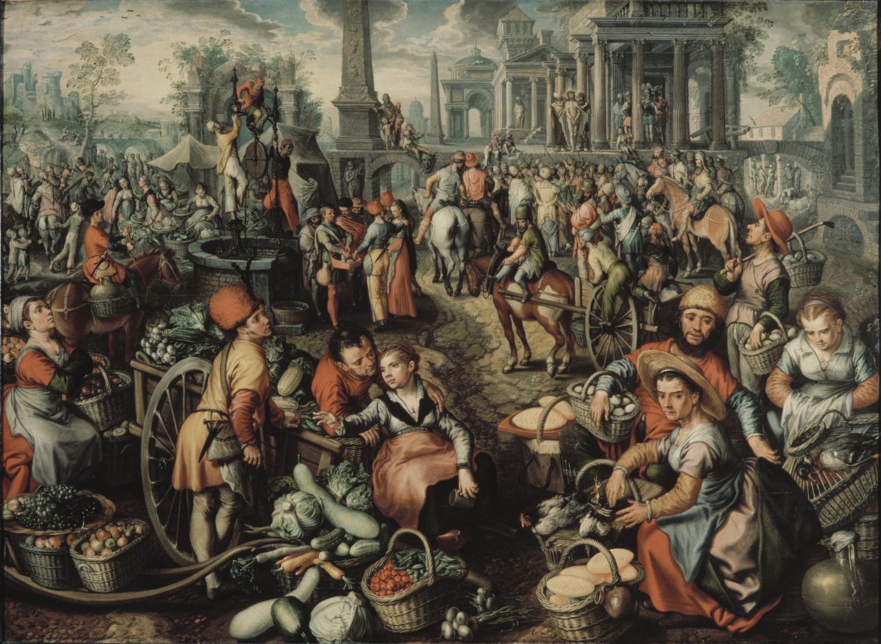 Scene de marche avec Ecce Home, la flagellation et le Christ portant sa Croix - 市场场景与Ecce Homo, the flagellation and the carrying of the Cross, by Beuckelaer, Joachim (ca. 1533-1574).木板上的油彩 作者 约阿希姆·伯克勒