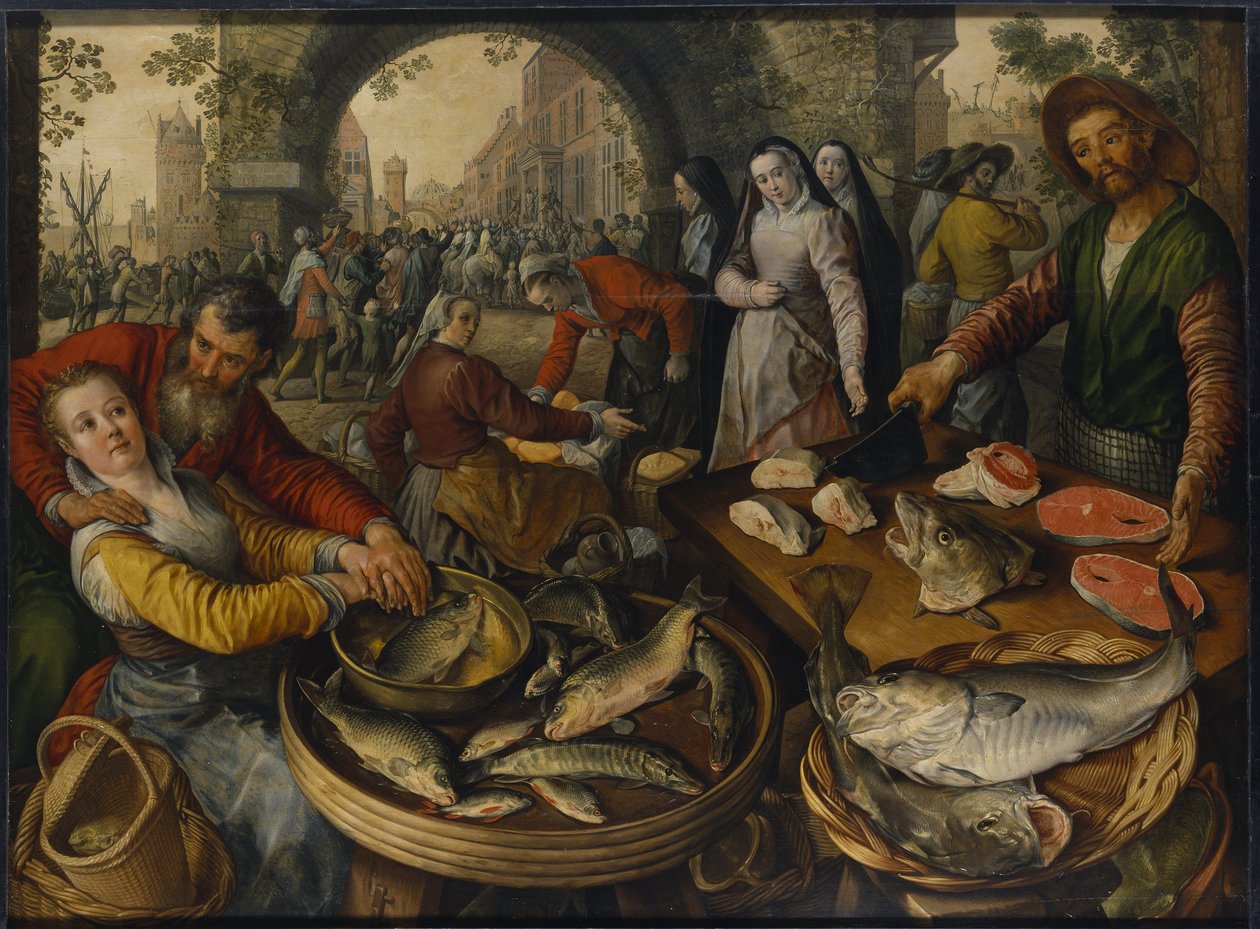 A Fish Market with Scene from Ecce Homo - A Fish Market with Ecce Homo，作者 Beuckelaer, Joachim（约 1533-1574 年）。 木头上的油 作者 约阿希姆·伯克勒