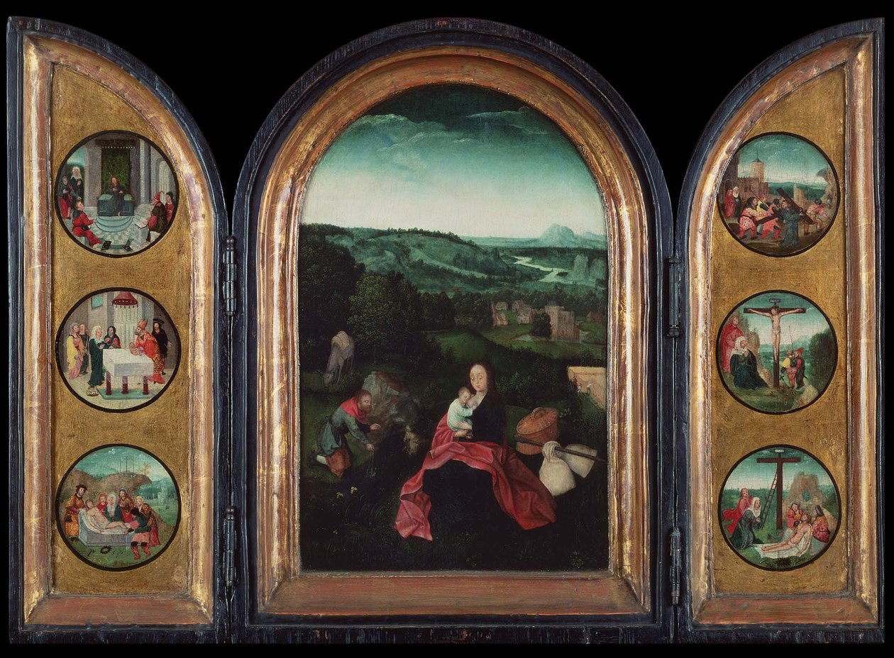 逃往埃及的休息三联画，约1515年 作者 约阿希姆·帕蒂尼尔 (Joachim Patinir) 的追随者