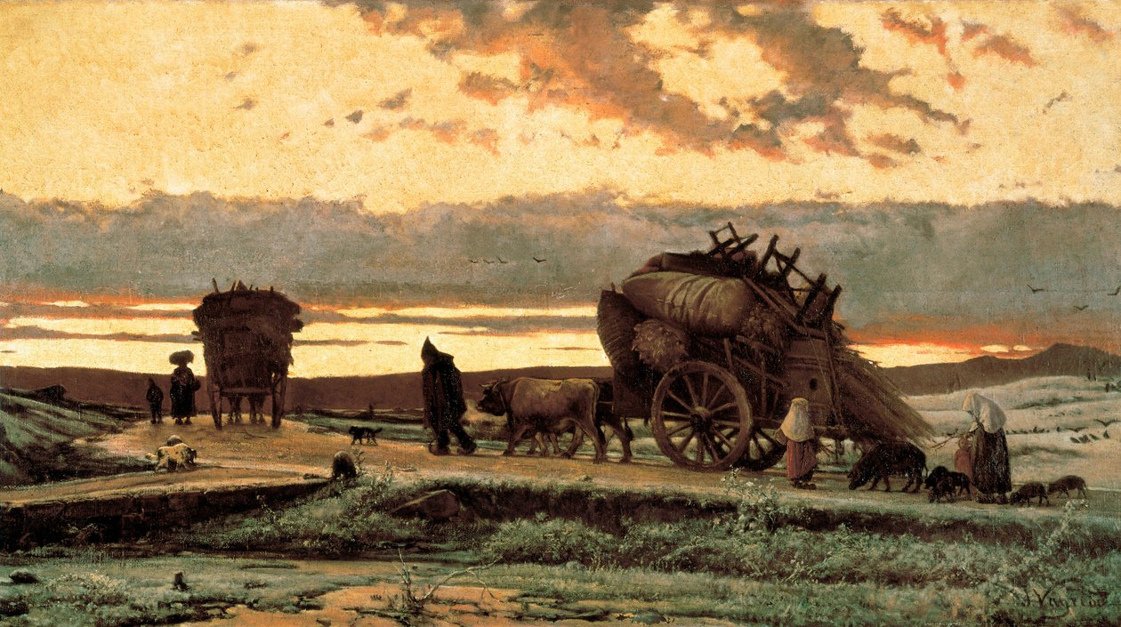 悲伤。痛苦""（或冬天）：描绘的是农民家庭被赶出家园的场景。Joaquim Vayreda i Vila（1843-1894 年）的画作。1876.巴塞罗那。加泰罗尼亚国家艺术博物馆。 作者 