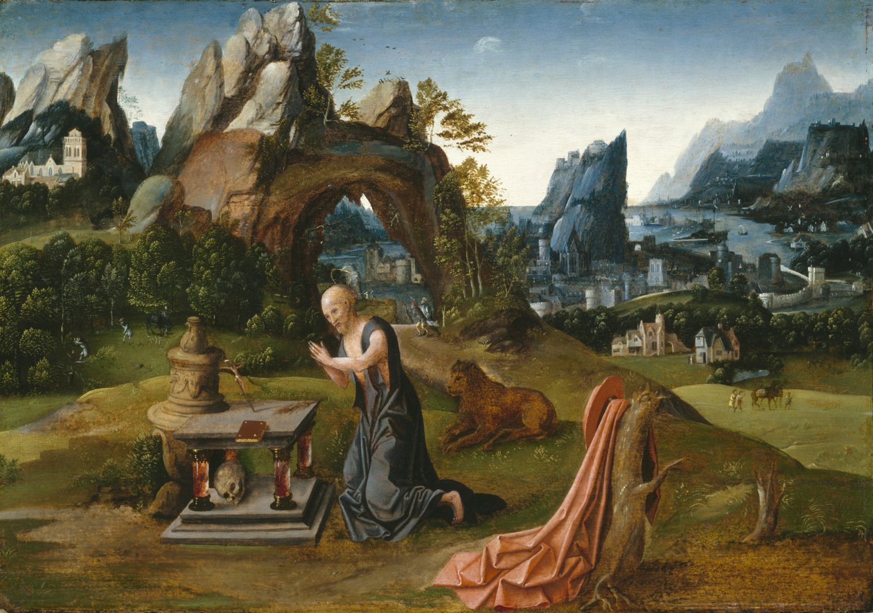 圣杰罗姆在风景中祈祷，1525-50 作者 Joachim Patenier或Patinir的追随者