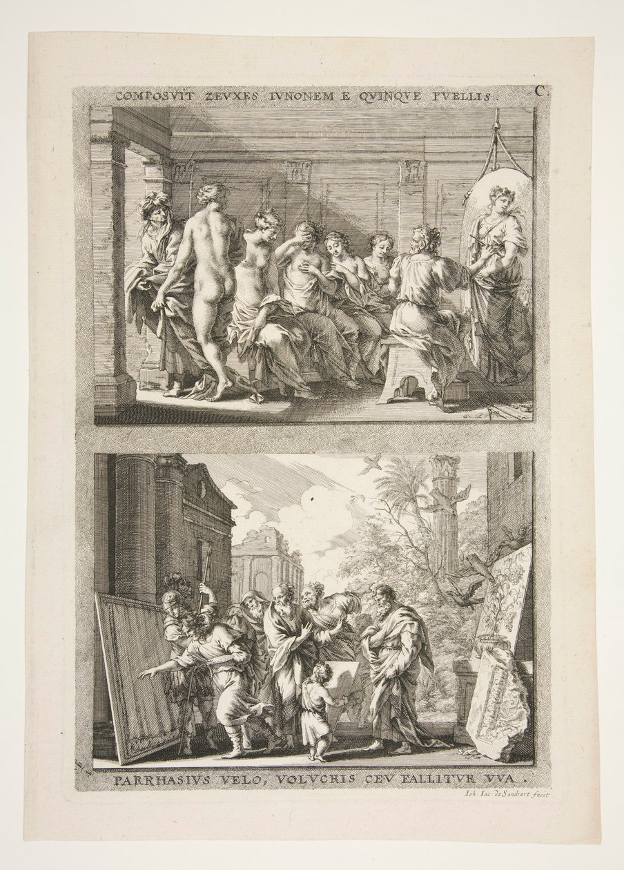 上半部分： COMPOSIT ZEUXES IUNONEM E QUINQUE PUELLIS 下半部分： PARRHASIUS VELO, VOLVCRIS CEV FALLITOR VUA 作者 约阿希姆·冯·桑德拉特
