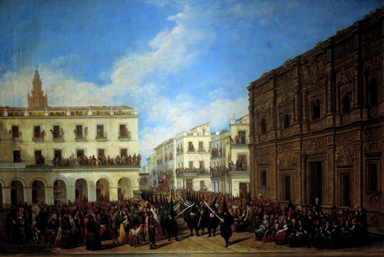 塞维利亚的圣周游行，1853 年（油画） 作者 约翰·多明格斯·贝克尔