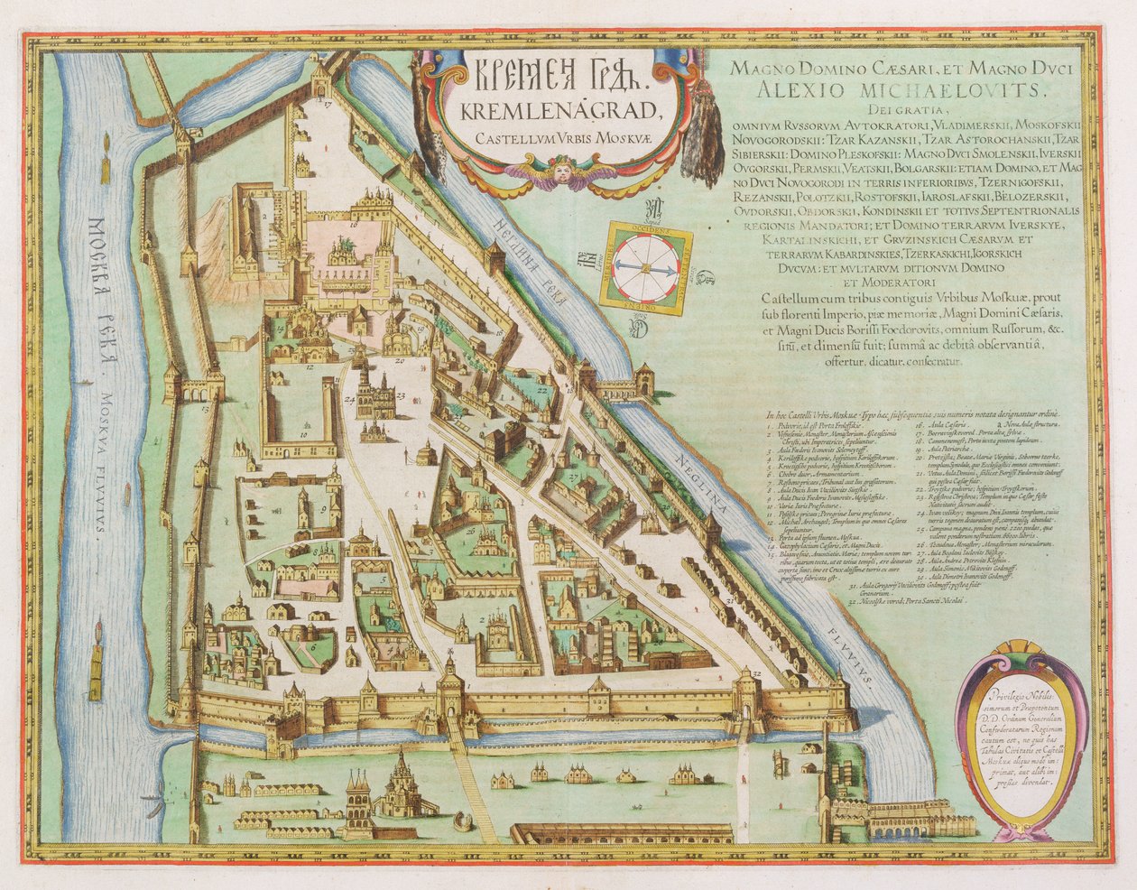 地图显示克里姆林宫，莫斯科，1662年（手工彩色蚀刻） 作者 琼·布劳