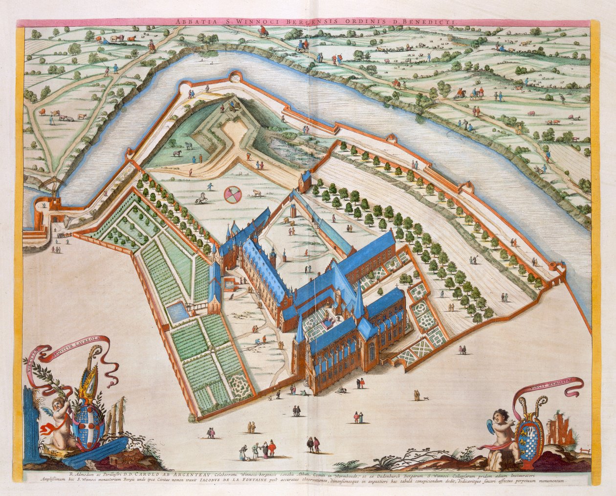 荷兰卑尔根St Winnock本笃会修道院，1649年（手工彩色雕刻） 作者 琼·布劳