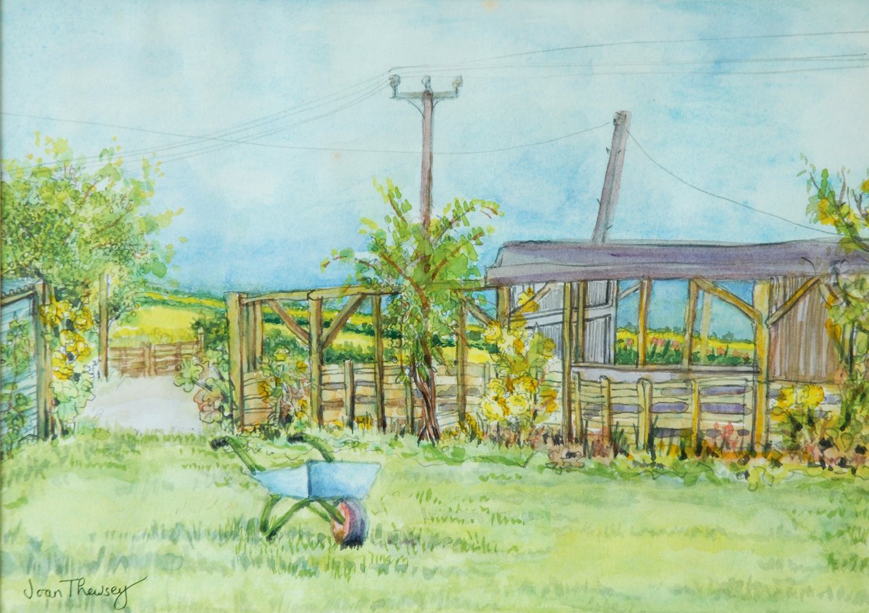 有独轮车的村庄庭院，2011年，铅笔和水彩 作者 琼·瑟西