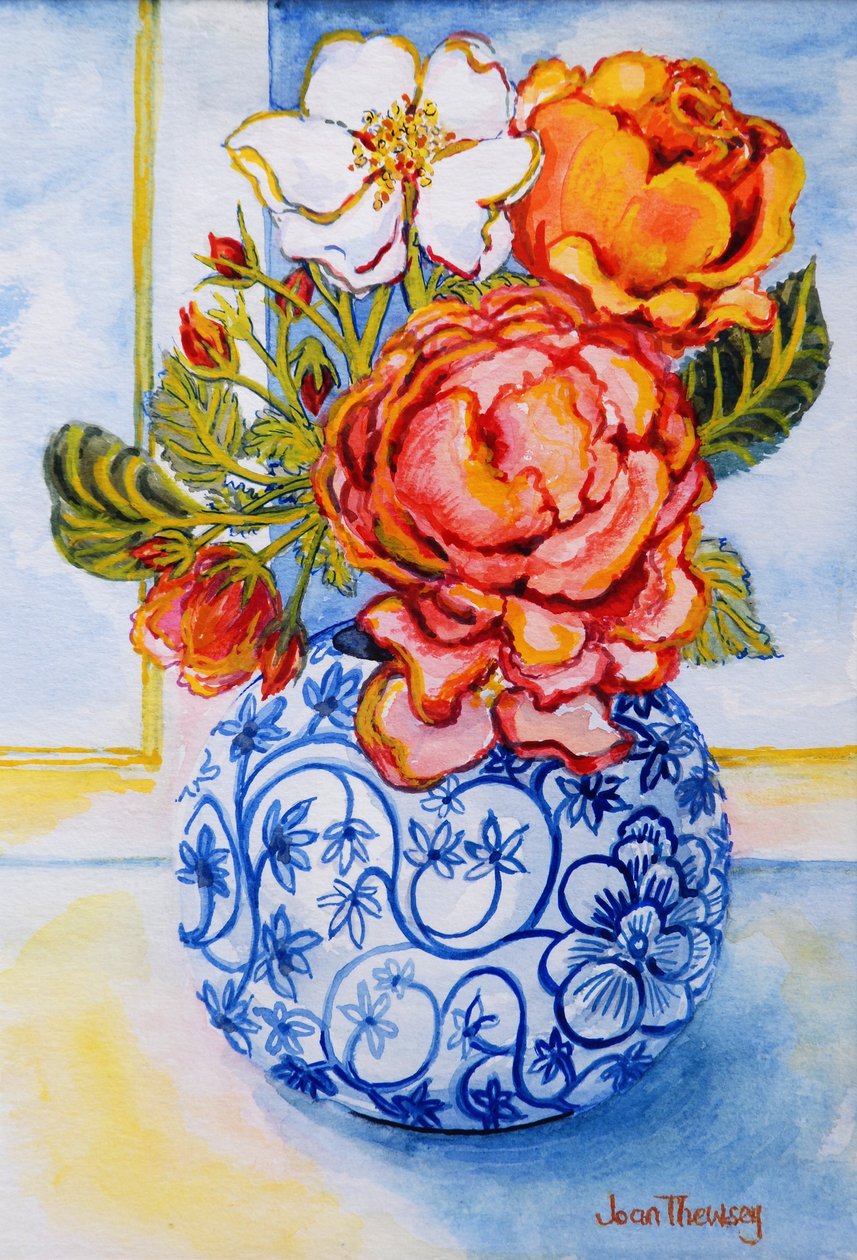 平房玫瑰，圆形蓝色和白色花瓶2004 作者 琼·瑟西