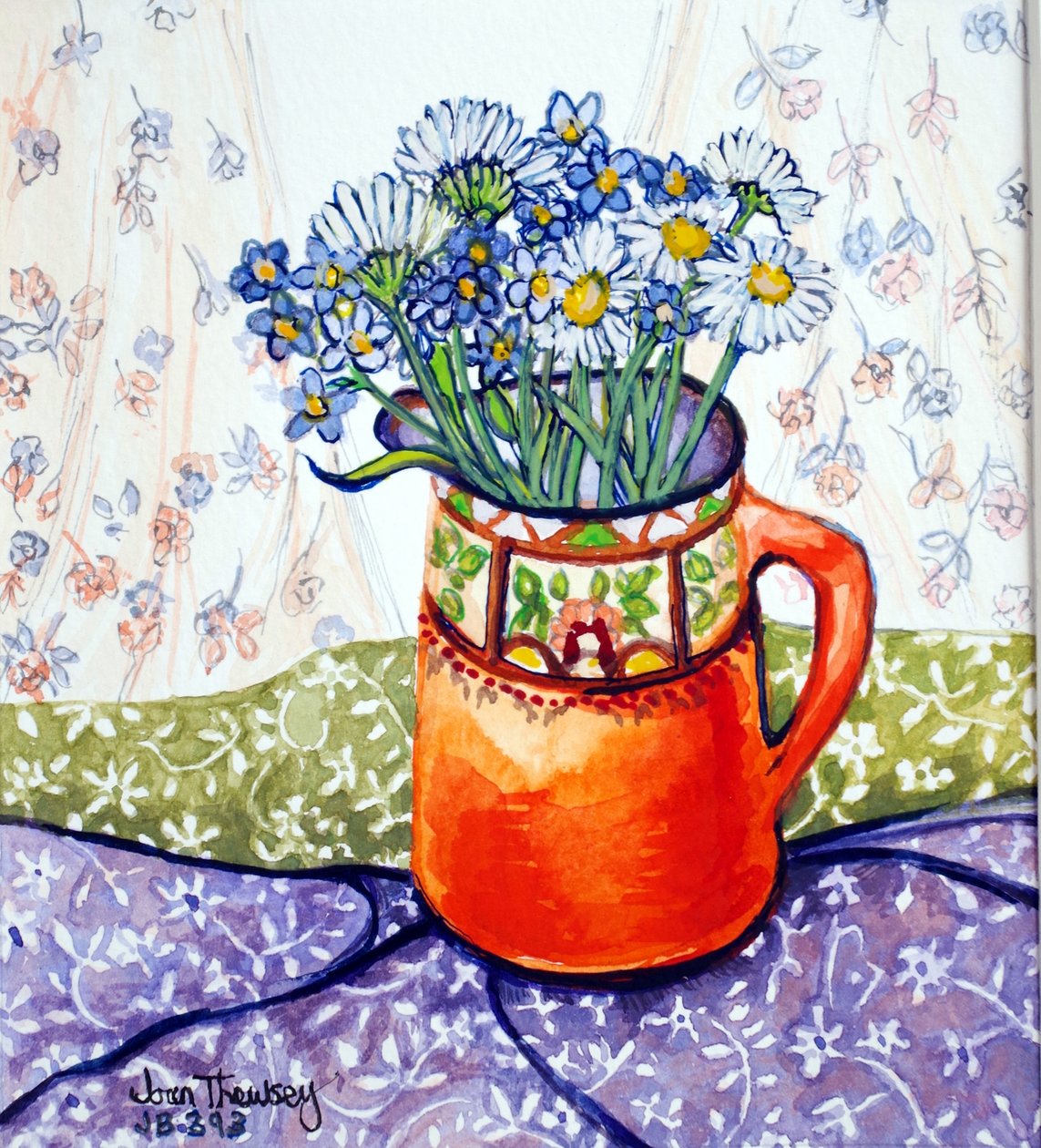 Daisies和Forget-Me-Nots橙色水罐和图案织物，（水彩）2015 作者 琼·瑟西