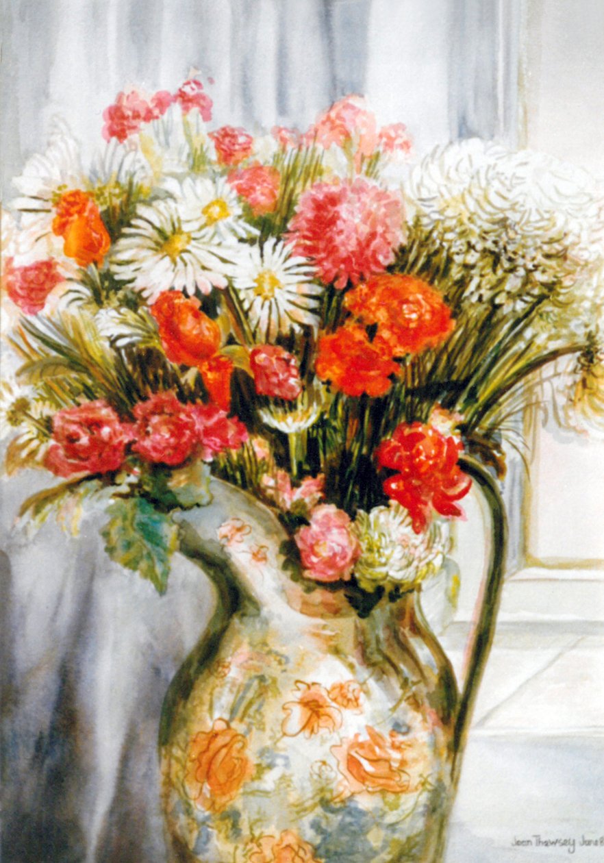 混合的花朵与菊花在一个水罐， 作者 琼·瑟西