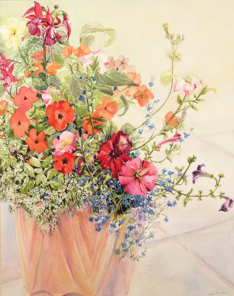 矮牵牛花，Lobelias，忙碌的Lizzies和Fuschia在赤土陶器罐 作者 琼·瑟西