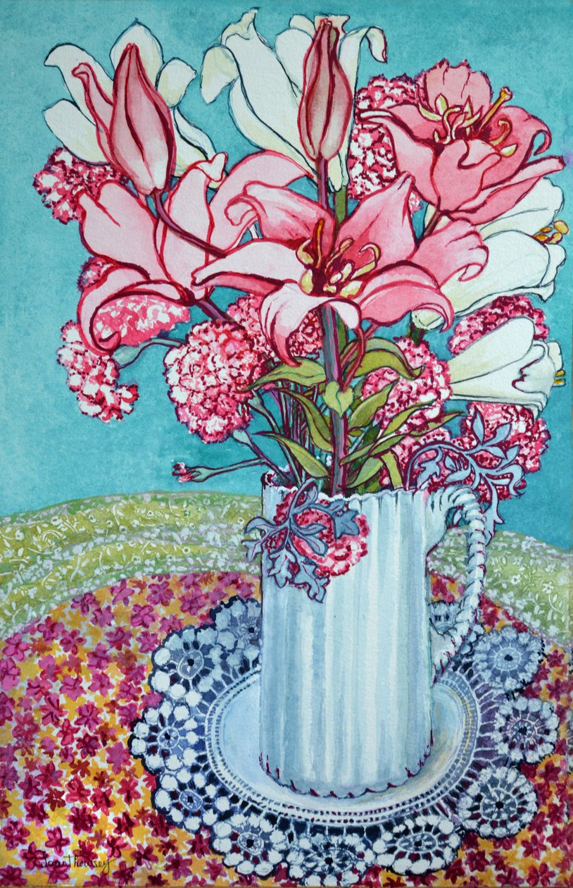 一个水罐里的粉色百合花，带花边，2000， 作者 琼·瑟西