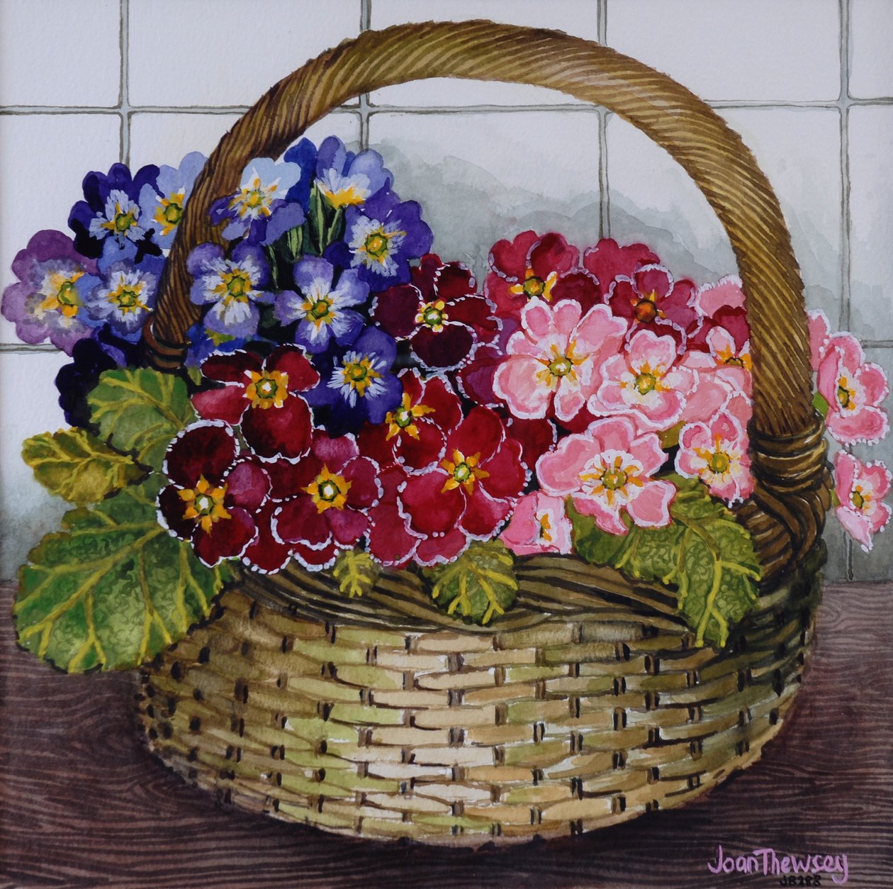 红色淡紫色和桃红色报春花在篮子2012年 作者 琼·瑟西