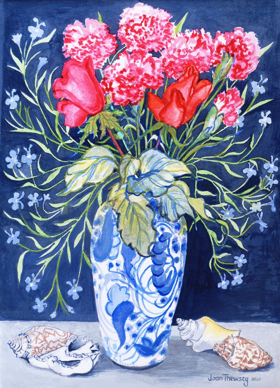 蓝色和白色花瓶中的玫瑰，康乃馨和半边莲，3壳纺织品2011（水彩） 作者 琼·瑟西