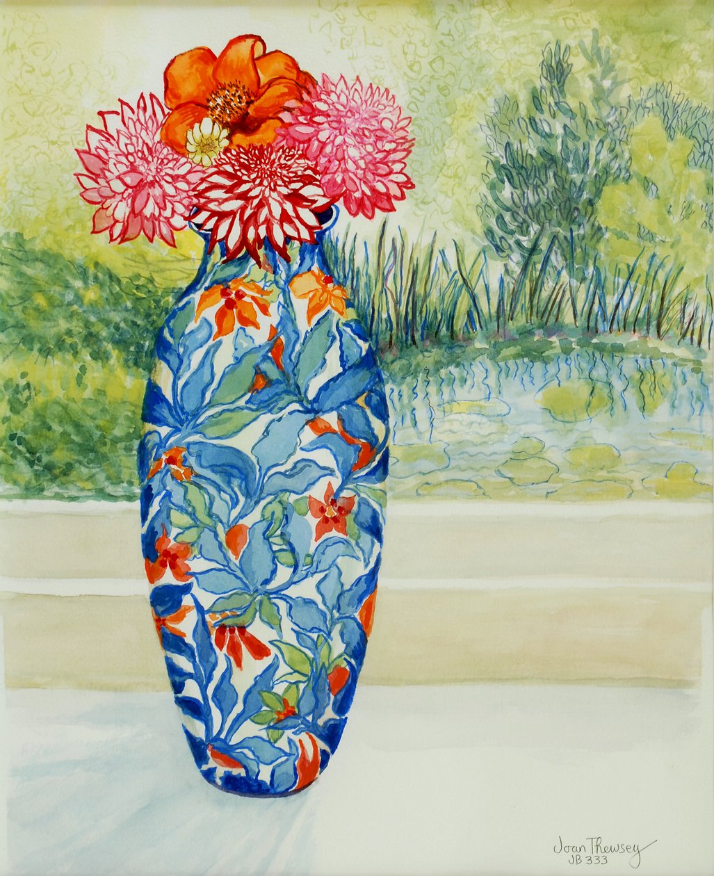 花瓶与大丽花和池塘景观，2001年， 作者 琼·瑟西