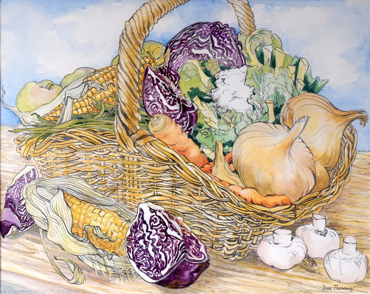 蔬菜在篮子里，2012年，（手工纸上的铅笔和水彩） 作者 琼·瑟西