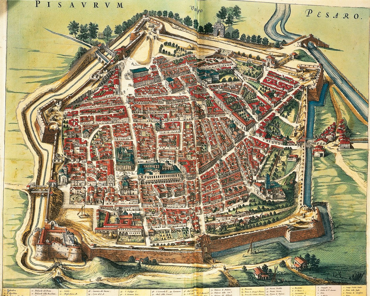意大利，佩萨罗地图，出自Joan Blaeu的Theatrum civitatum et admirandorum Italiae，雕版。 作者 琼·布劳