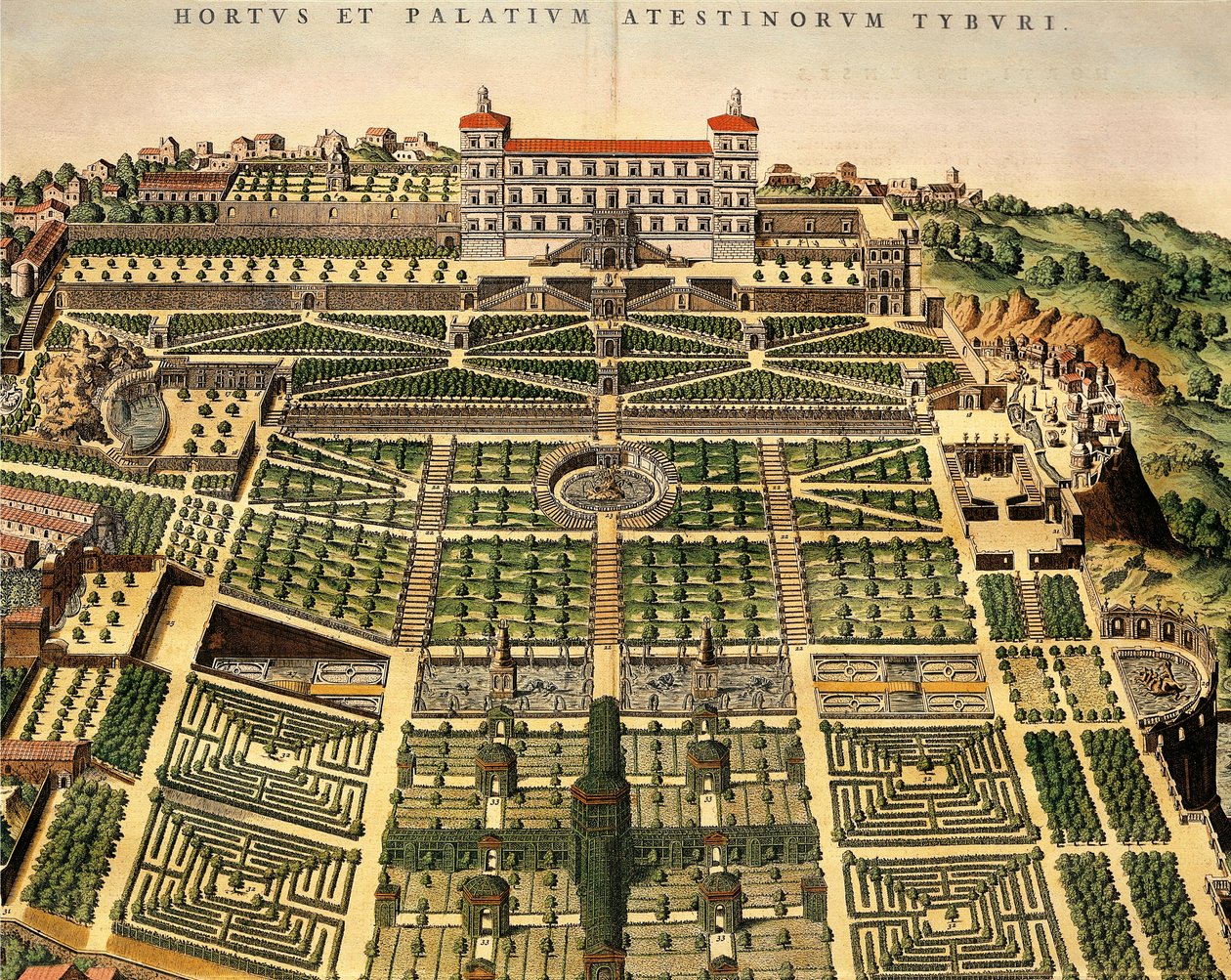 意大利，蒂沃利，埃斯特别墅景观，雕刻自Jean Blaeu的Theatrum Civitatum et Admirandorum Italiae，阿姆斯特丹 作者 琼·布劳
