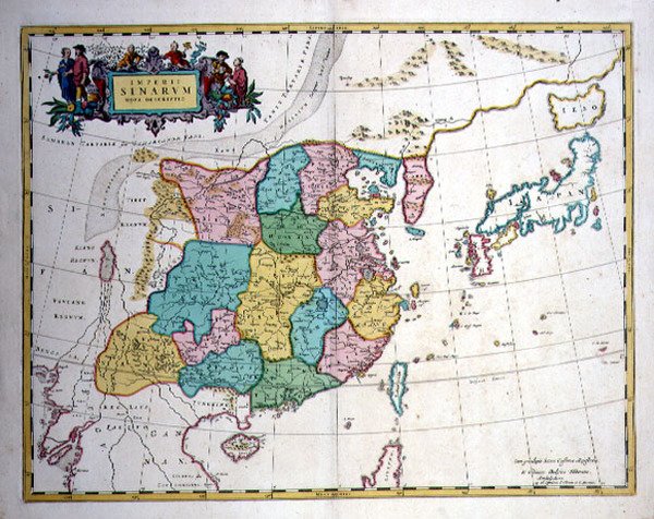 日本、中国和朝鲜作为一个半岛，约1700年（彩色雕刻）。 作者 琼·布劳