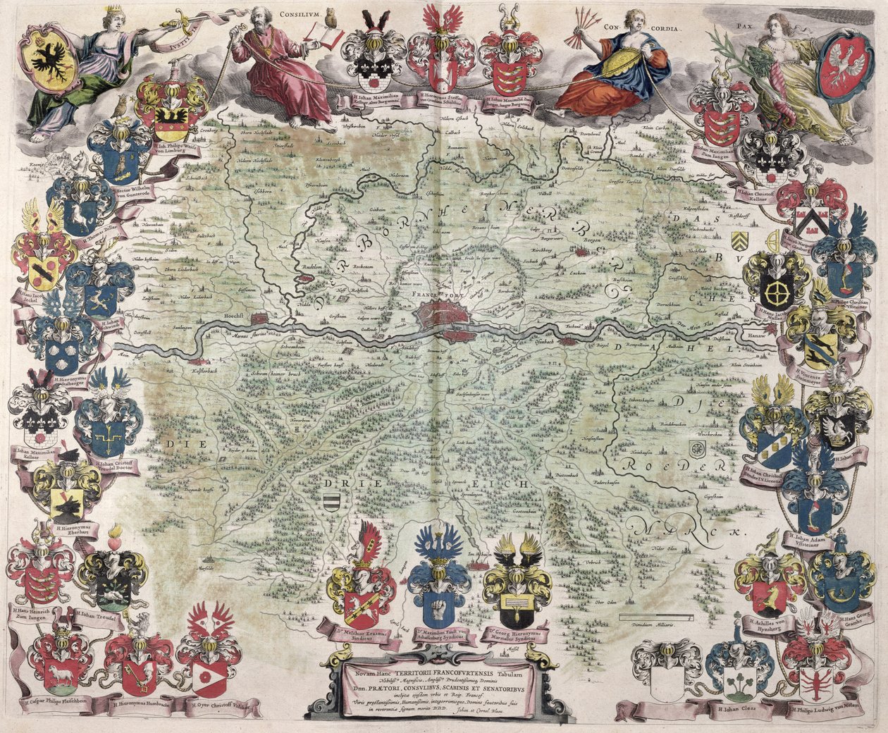 法兰克福及周边地区的地图，来自&39;Nova Hanc Territori Francofurtensis Tabulum&39;，1649 作者 琼·布劳