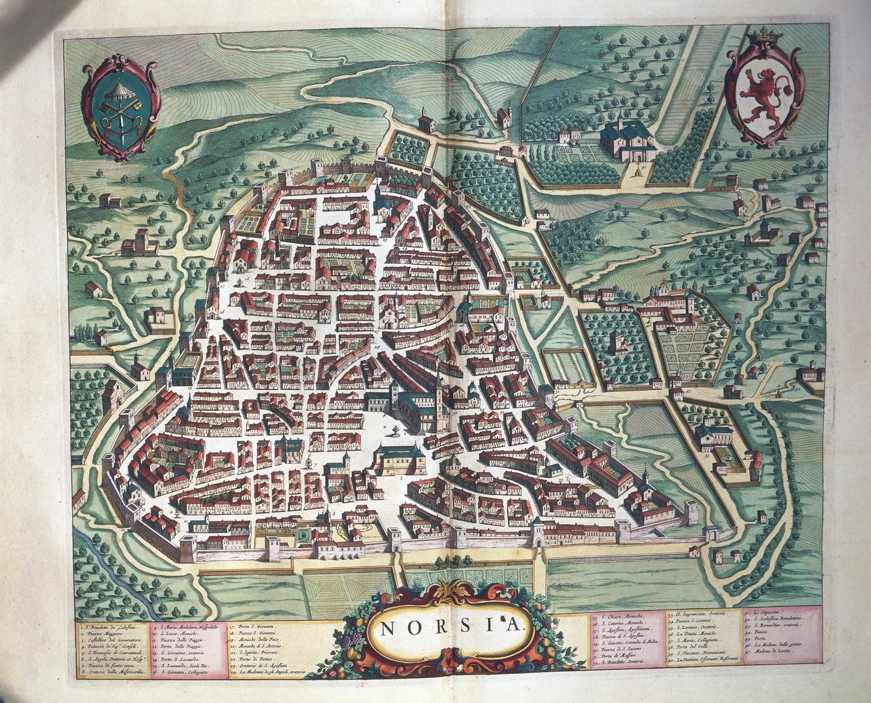 诺尔西亚地图，来自Joan Blaeu的Theatrum civitatum et admirandorum Italiae，雕刻。 作者 琼·布劳