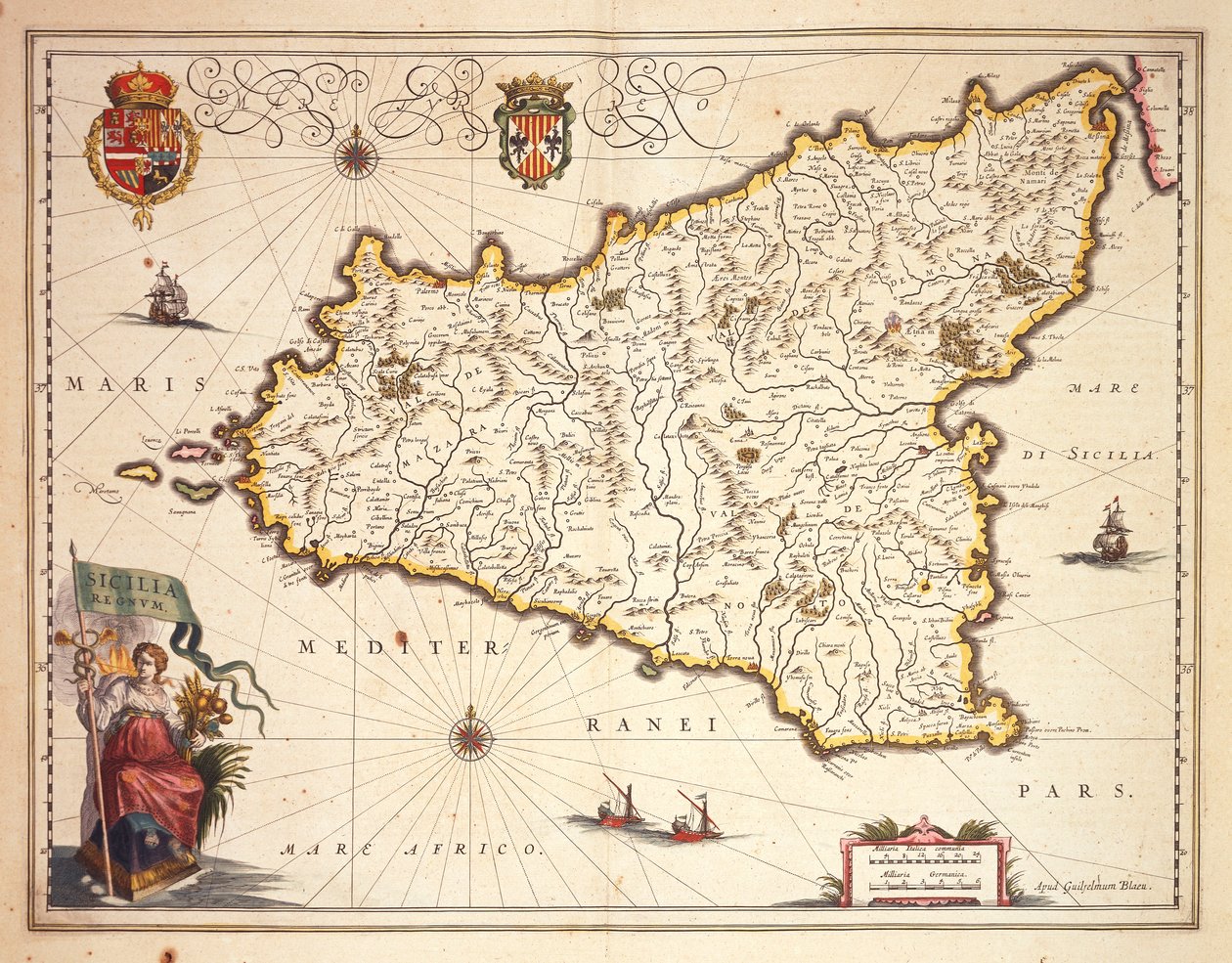 西西里岛地区地图，作者：Joan Blaeu 作者 琼·布劳
