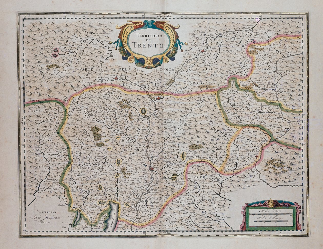 特伦托地区，摘自琼-布劳（1596-1673）的《世界剧场》或《所有地区的地图和表现的新地图集》（Theatrum orbis terrarum, sive, Atlas novus）, 意大利 作者 琼·布劳