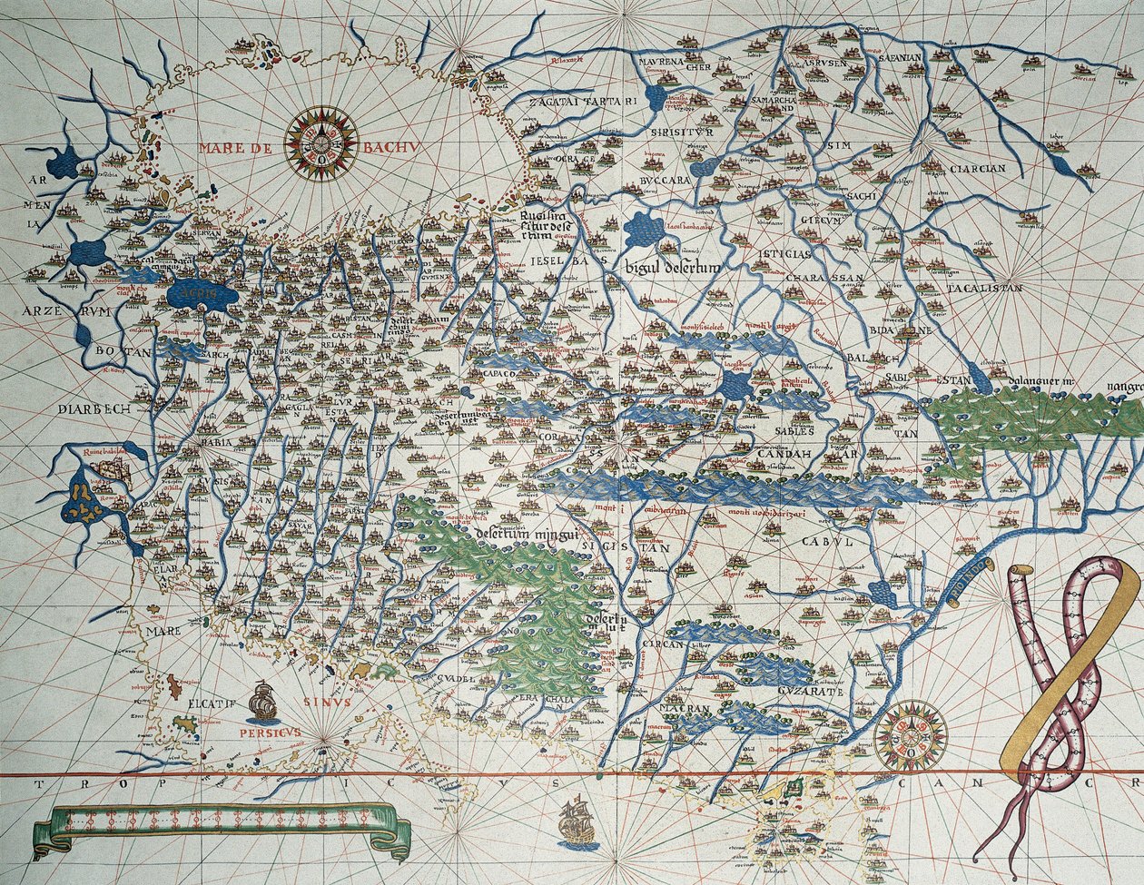 亚洲地图，包括亚美尼亚、伊朗、阿富汗，在阿特拉斯·德·琼·马丁内斯 (Atlas de Joan Martines) 上有风玫瑰、港口、海岸和海上航线的详细信息 作者 琼·马丁内斯（Joan Martines）