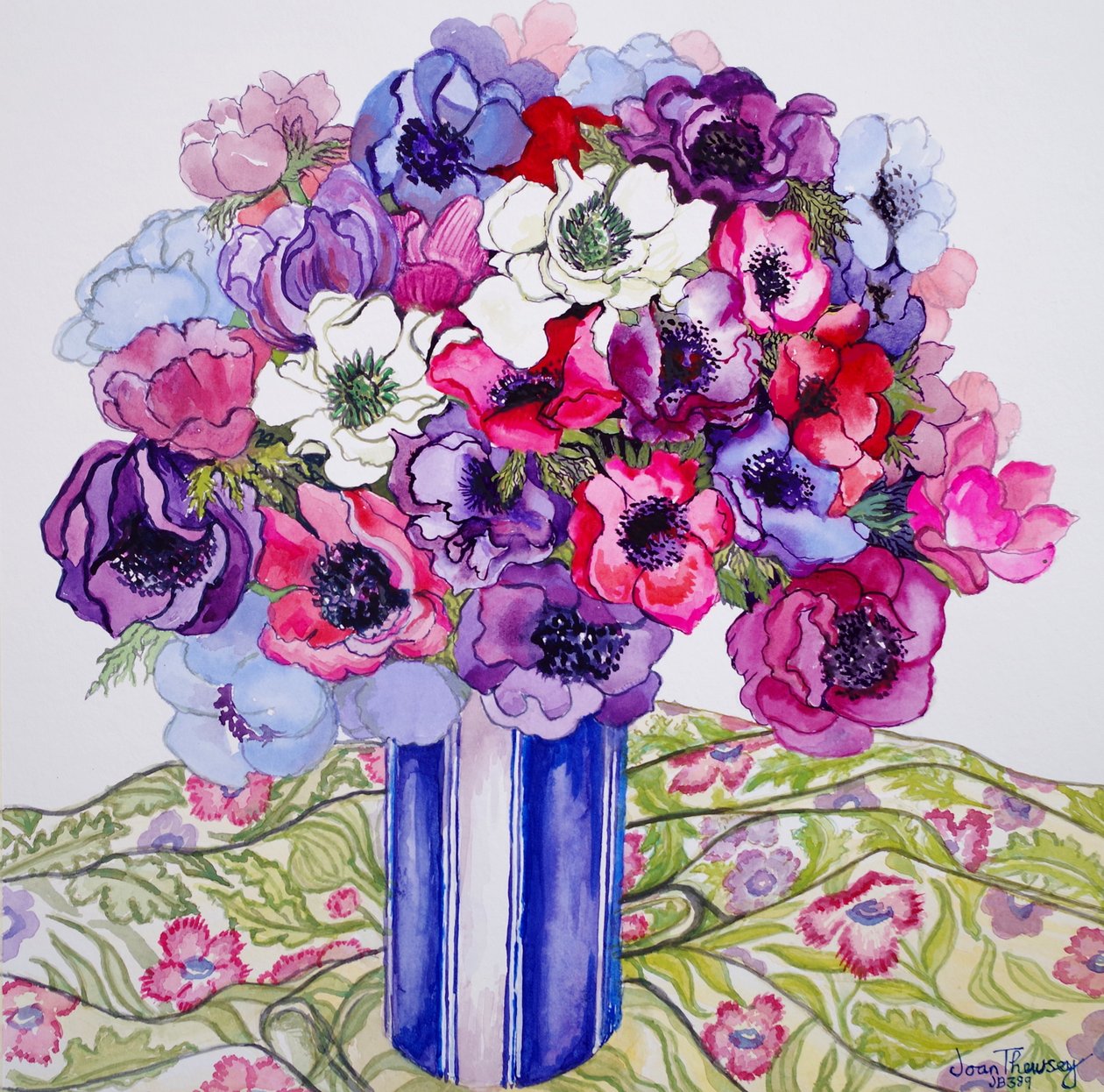 在一个镶边罐的银莲花属，2015年，在手工制造纸的水彩 作者 琼·瑟西