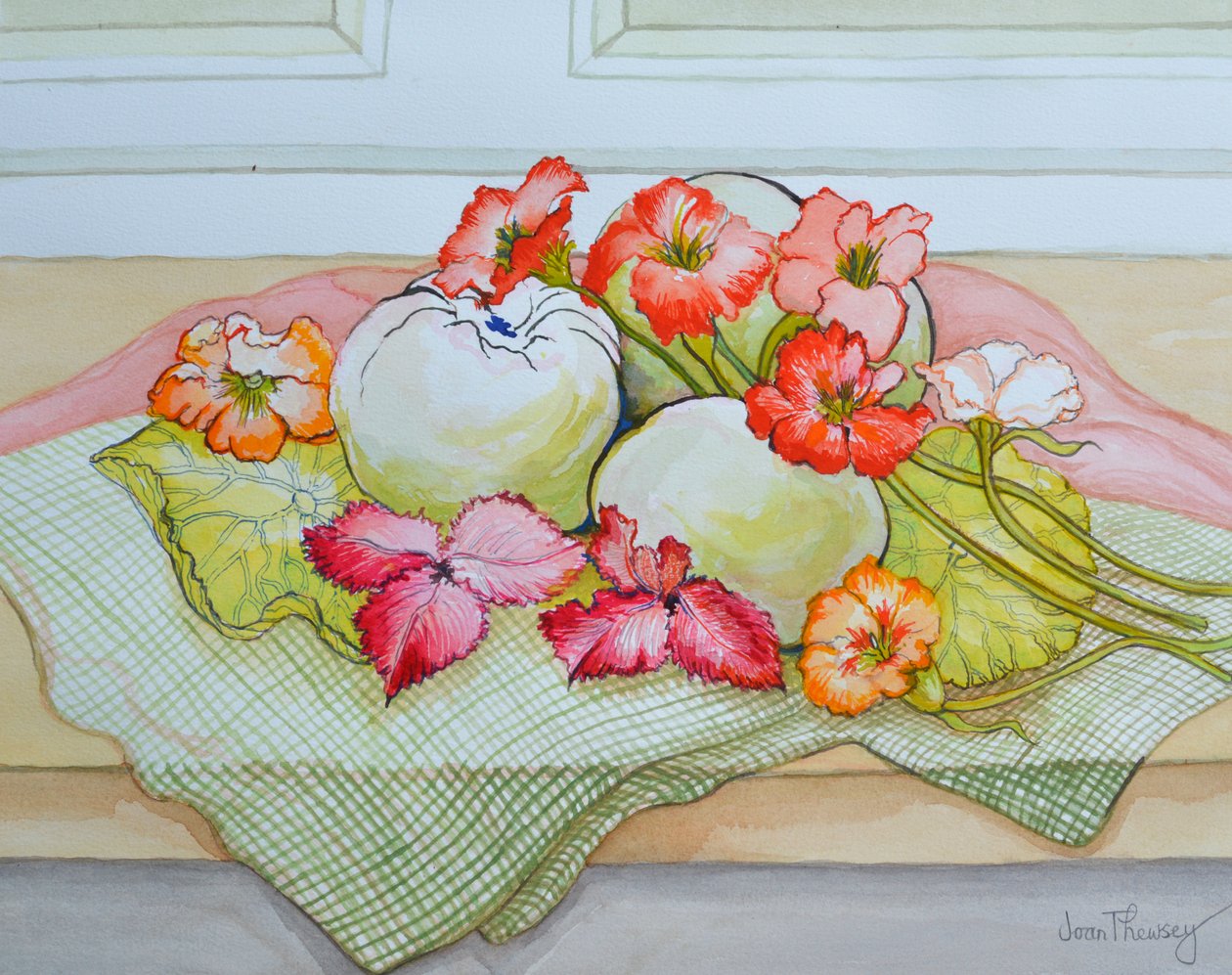 Apples and Nasturtium on a green check cloth (watercolour) 作者 琼·瑟西