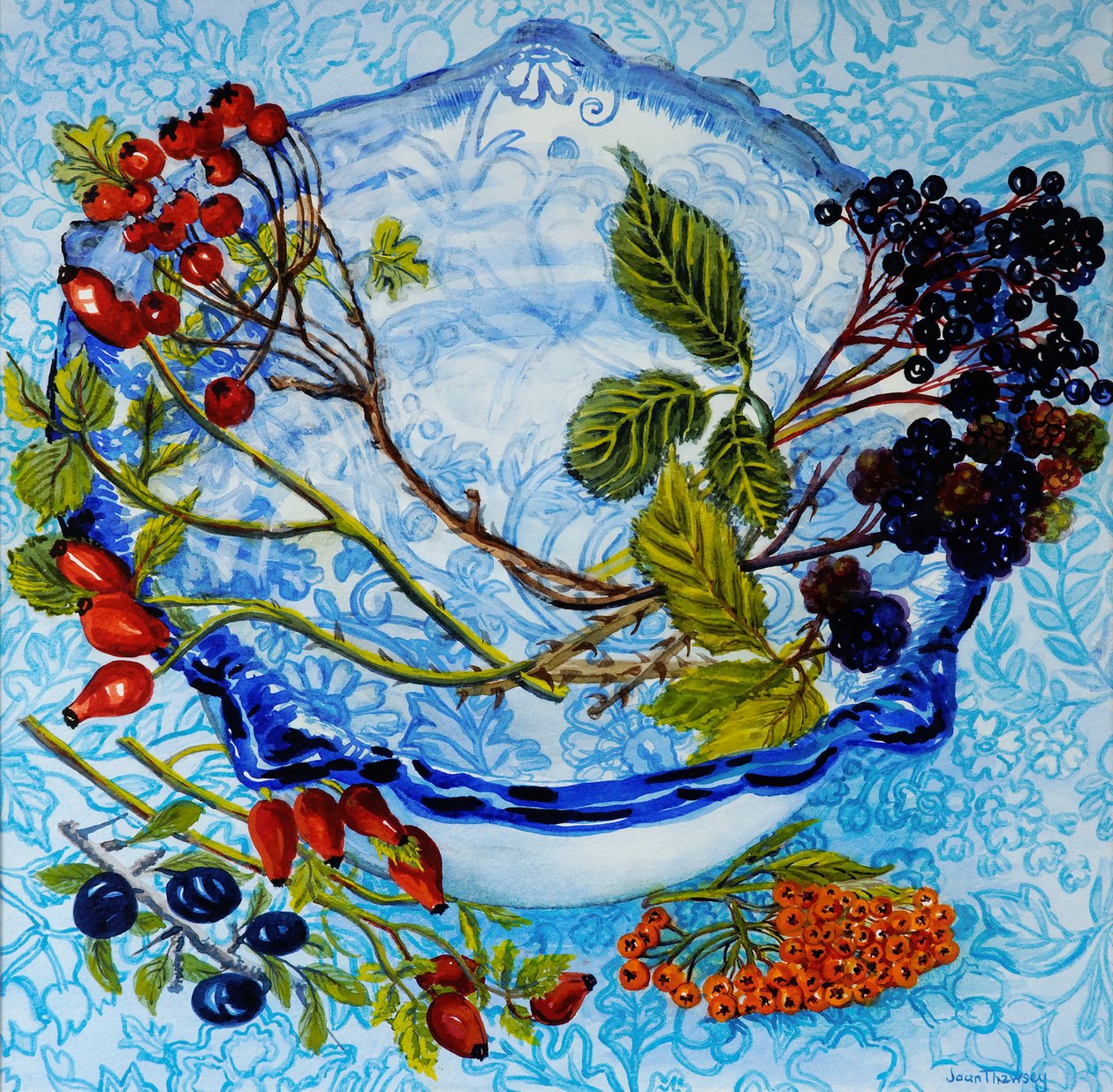 蓝色古色古香的碗用莓果，2010年，水彩 作者 琼·瑟西