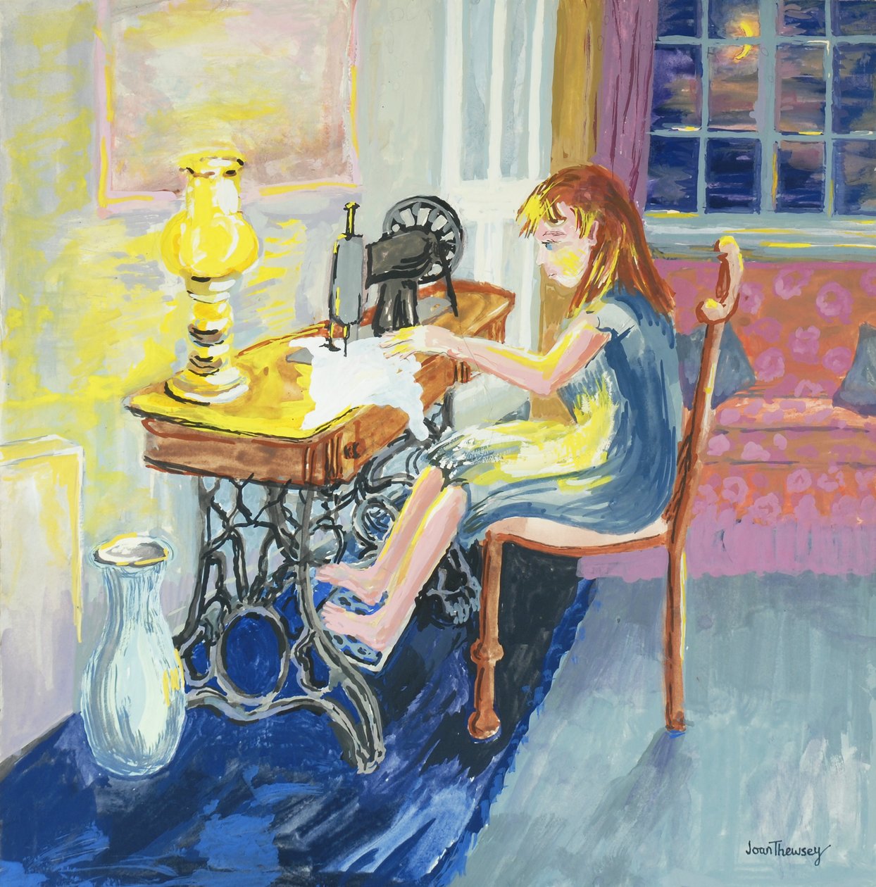 女孩缝纫，2000年，布面油画 作者 琼·瑟西