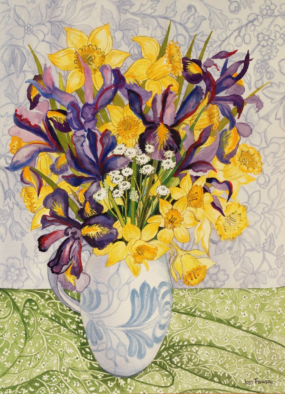 虹膜和水仙花与图案纺织品，2008年，手工纸上的水彩 作者 琼·瑟西