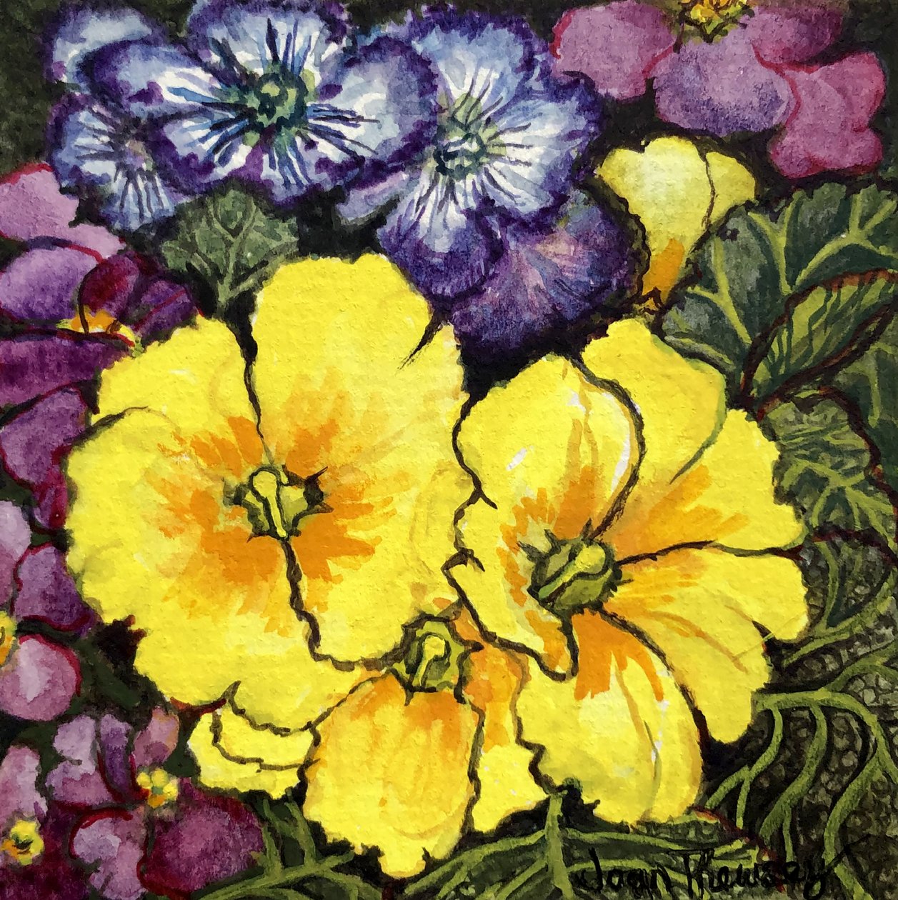 Three Yellow Primroses surrounded by mauve and purple primroses and leaves (watercolour) 作者 琼·瑟西
