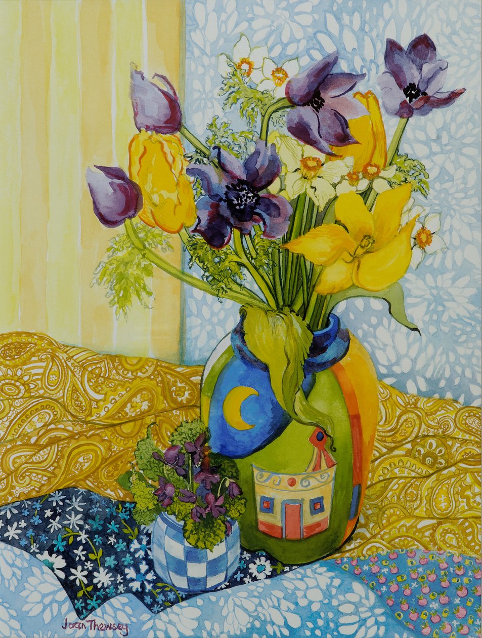 郁金香和海葵与一壶紫罗兰，2010年，水彩 作者 琼·瑟西