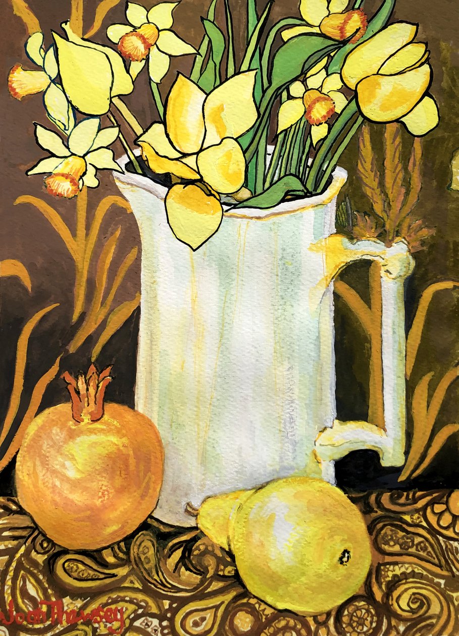 Tulips and Daffodils in a White Jug, with textiles, pomegranate and pear (watercolour) 作者 琼·瑟西