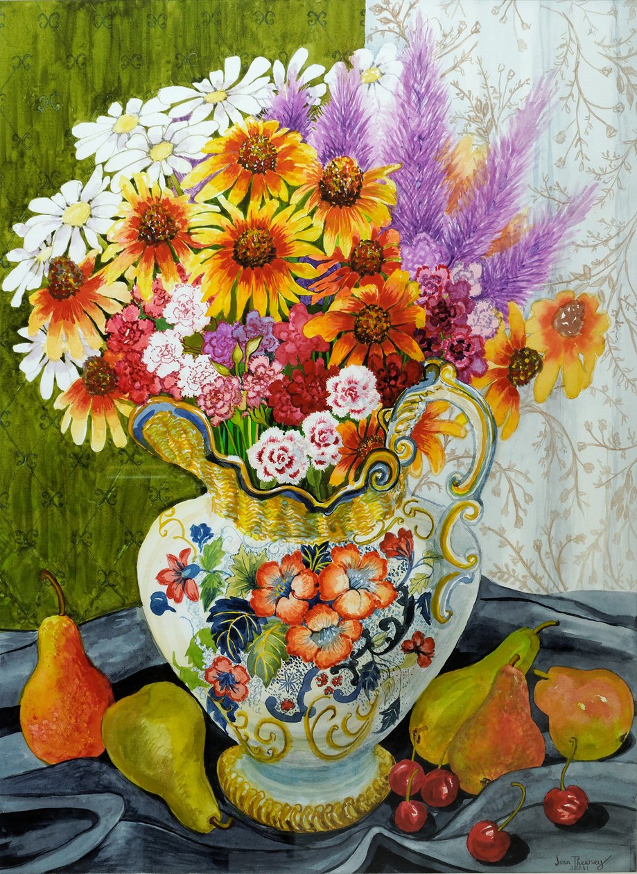 维多利亚时代的水罐，混合鲜花，梨和樱桃，2010年，水粉 作者 琼·瑟西