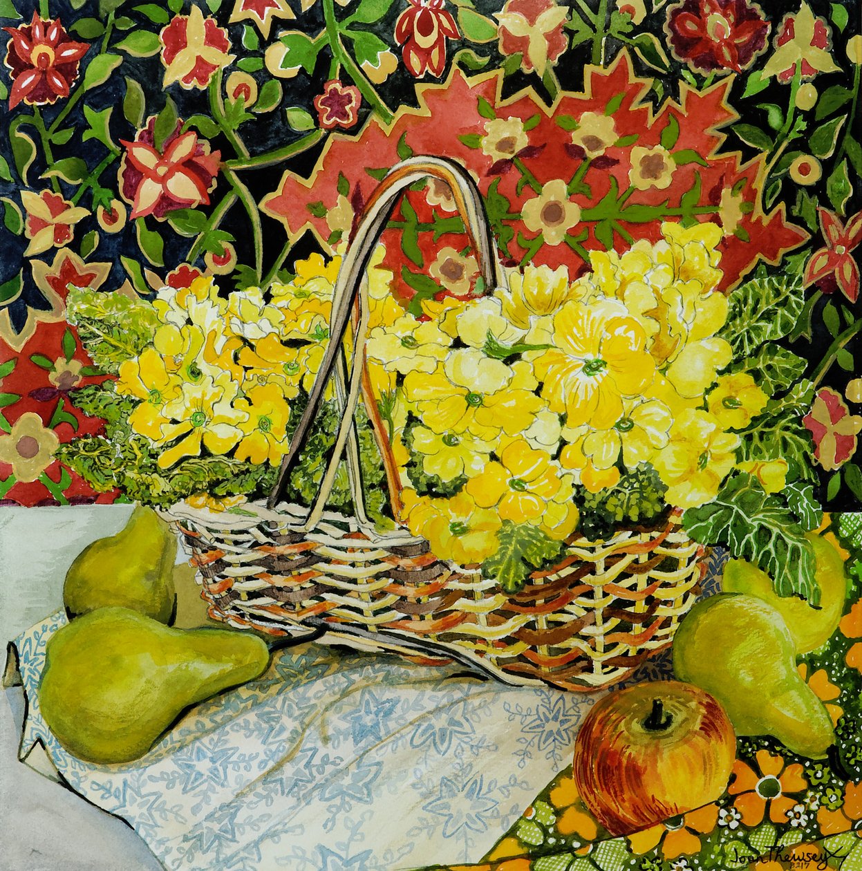 在篮子里的黄色报春花，用水果和纺织品，2010.watercolour 作者 琼·瑟西