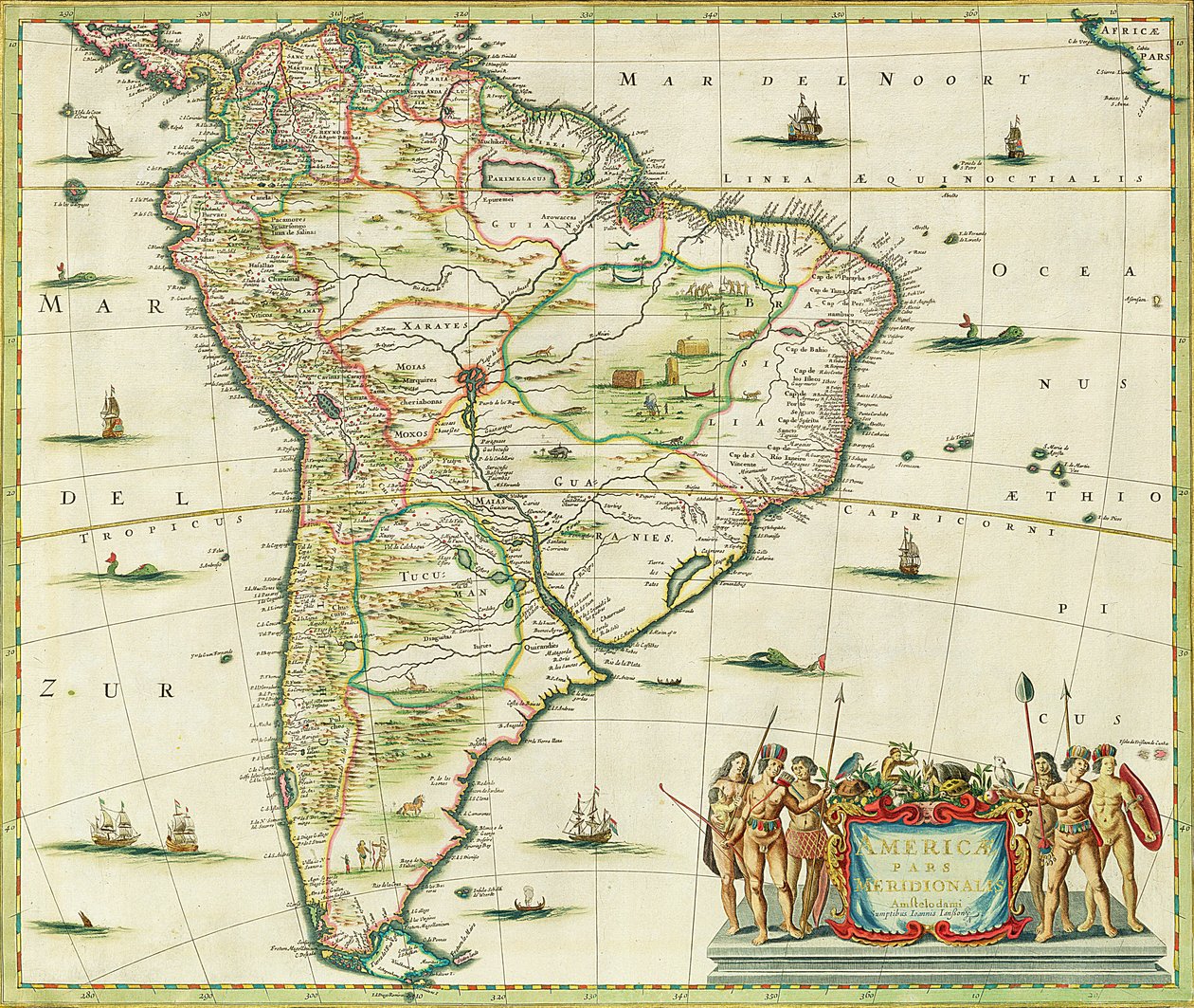 America Pars Meridionalis，&39;Atlas Minor Sive Geographia Compendiosa，第8页，Orbis Terrarum&39;由Nicolaes Visscher编写（1618-1709）1655（手工彩色雕刻） 作者 乔安妮·詹森（Joannes Jansson）