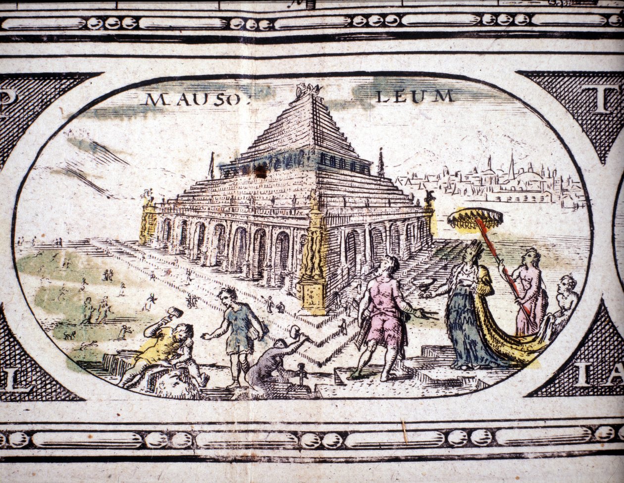 古代七大奇迹的代表：哈利卡纳苏斯陵墓。 Jansson Jannsonius 于 1630 年在阿姆斯特丹印刷的地图集中。私人收藏。 作者 乔安妮·詹森（Joannes Jansson）