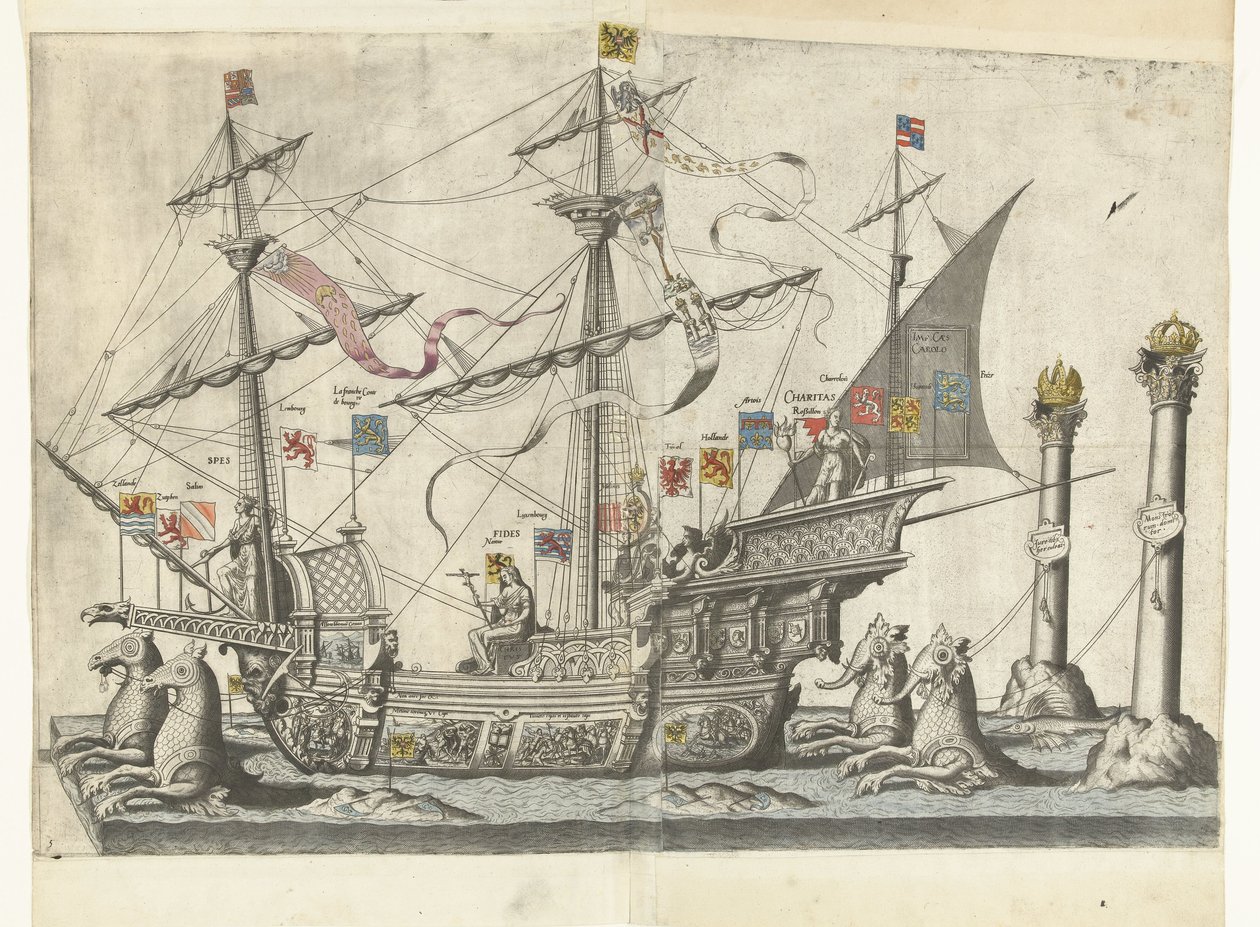 Het schip Victoria, nr. 5
Begrafenisoptocht van keizer Karel V，1558 年（系列标题）
La magnifique, et sumptueuse Pompe Funebre, faite aus Obseques  Funerailles du tres-grand  tres-victorieus Empereur Charles Cinquième, Celebrées en la Vile de Bruxelles 作者 乔安妮斯·范·杜特库姆 (I)