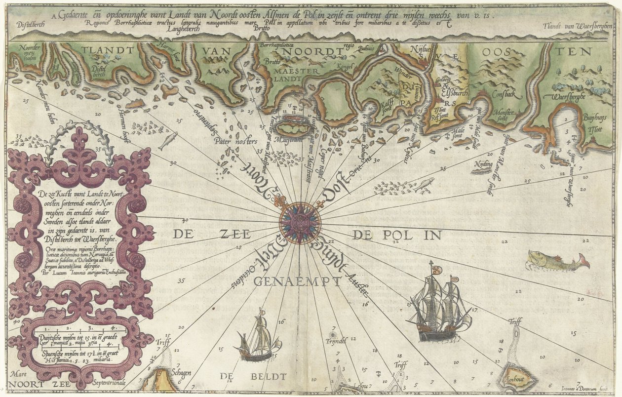 挪威和瑞典部分海岸地图
De zee Kuste vant Landt te Noortoosten sorterende onder Norweghen ende eendeels onder Sweden (...) （标题标在实物上） 作者 乔安妮斯·范·杜特库姆 (I)