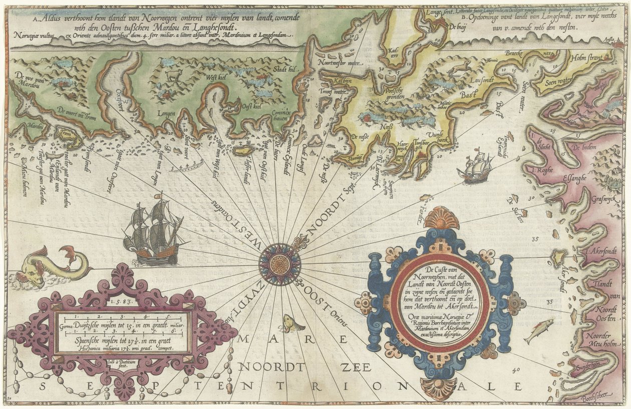 梅尔多伊和乌德瓦拉之间的挪威和瑞典海岸地图
De Custe van Noorweghen, met dat landt van Noordt oosten in zijne wesen ende gedaente（......）（标题见实物） 作者 乔安妮斯·范·杜特库姆 (I)