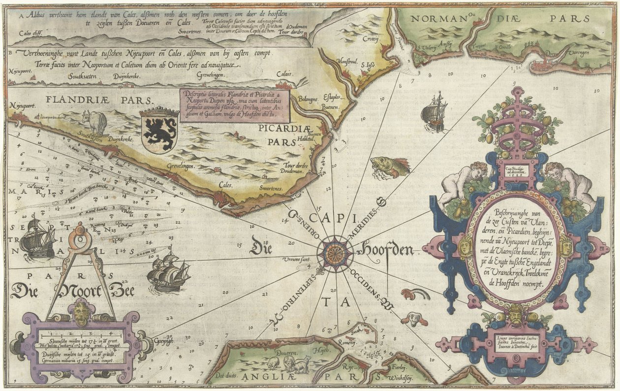 佛兰德斯、诺曼底和英格兰海岸地图
Descriptionhe van de zee Custen van Vlanderen ende Picardien（......）（标题见实物） 作者 乔安妮斯·范·杜特库姆 (I)